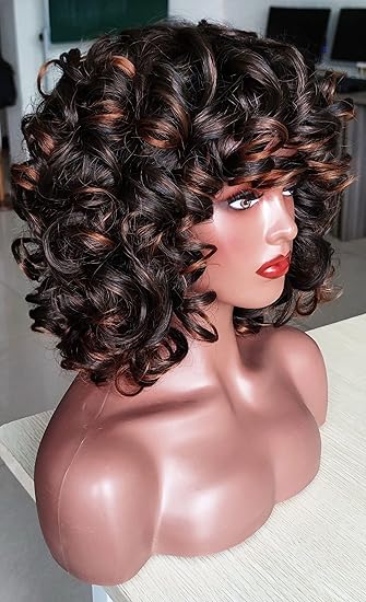 Wig store-Curly-ELIM Ombre Brown Short Afro Big Curly Wigs for Black Women with 7 PCS Accessories- Natural Looking Kinky Curly Bangs Wig Synthetic Hair Replacement Wig for Daily Party Use Z301BB 2 Wig store-Curly-ELIM Ombre Brown Short Afro Big Curly Wigs for Black Women with 7 PCS Accessories- Natural Looking Kinky Curly Bangs Wig Synthetic Hair Replacement Wig for Daily Party Use Z301BB - Image 2