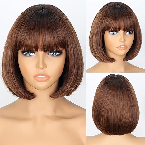 Wig store-Straight-WERD Short Brown Bob Wig for Women Auburn Brown Wig with Bangs Synthetic Hair Light Highlight Brown Bob Wig for Daily Party Cosplay Wig store-Straight-WERD Short Brown Bob Wig for Women Auburn Brown Wig with Bangs Synthetic Hair Light Highlight Brown Bob Wig for Daily Party Cosplay