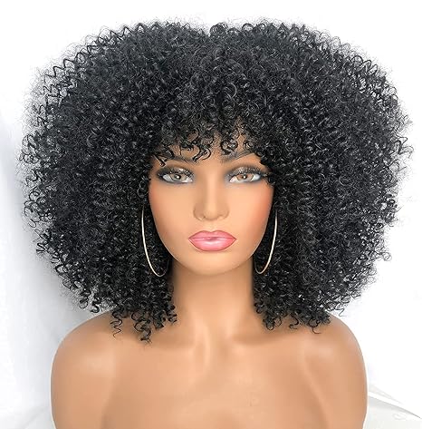 Wig store-Coily-RunM Short Curly Afro Wig With Bangs for Black Women Kinky Curly Hair Wig Afro Synthetic Full Wigs(Black) 2 Wig store-Coily-RunM Short Curly Afro Wig With Bangs for Black Women Kinky Curly Hair Wig Afro Synthetic Full Wigs(Black) - Image 2