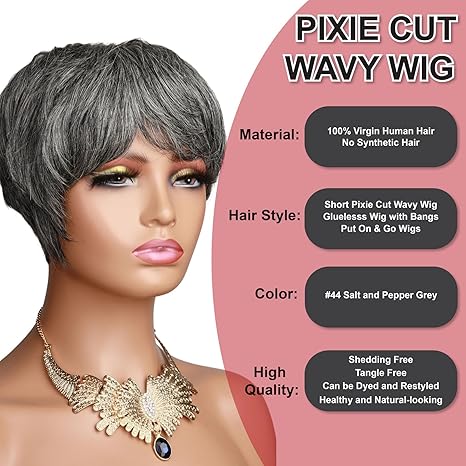 Wig store-Straight-Short Pixie Cut Wigs Salt and Pepper Silver Grey Human Hair- Short Layered Natural Wavy Pixie Cut Wigs Daily Use Glueless Wear and Go Old Lady Salt and Pepper Silver Grey Wig with Bangs for Women 2 Wig store-Straight-Short Pixie Cut Wigs Salt and Pepper Silver Grey Human Hair- Short Layered Natural Wavy Pixie Cut Wigs Daily Use Glueless Wear and Go Old Lady Salt and Pepper Silver Grey Wig with Bangs for Women - Image 2