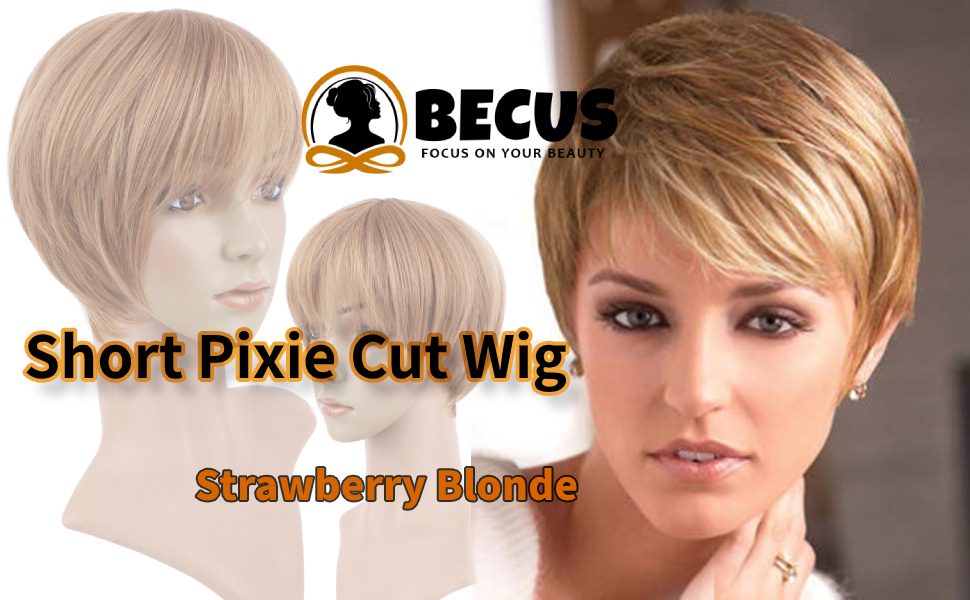 Short Pixie Cut Blonde Wig with Bangs Synthetic Silky Straight Realistic Wigs for Women