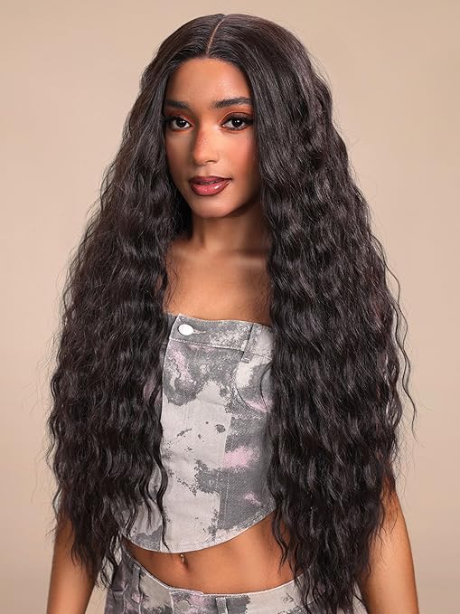 Wig store-Curly-GORGIUS Glueless Water Wave Lace Front Wig Pre Plucked Pre Cut Long Black Synthetic Wig Natural Hairline 32 Inch Wig store-Curly-GORGIUS Glueless Water Wave Lace Front Wig Pre Plucked Pre Cut Long Black Synthetic Wig Natural Hairline 32 Inch