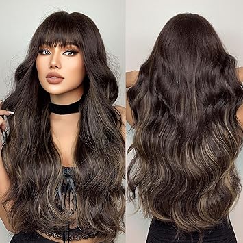 Wig store-Long Hair-EMMOR Ombre Brown Wigs for Women Long Curly Wigs with Bangs Wave Heat Resistant Synthetic Wigs Soft Natural Looking Wig store-Long Hair-EMMOR Ombre Brown Wigs for Women Long Curly Wigs with Bangs Wave Heat Resistant Synthetic Wigs Soft Natural Looking