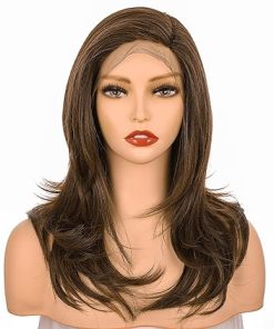 Wig store-Straight-Onedor 18 Inch Premium Japanese High-Temperature Fiber Synthetic Hair 130% Density Straight Lace Front Side Part Long Wigs (Medium Brown Evenly Blended with Warm Medium Brown-RL6/8)